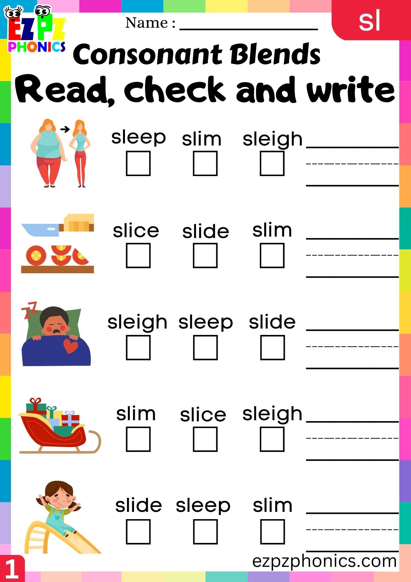 Group1 SL Words Read, Check And Write Phonics Consonant Blends Worksheet